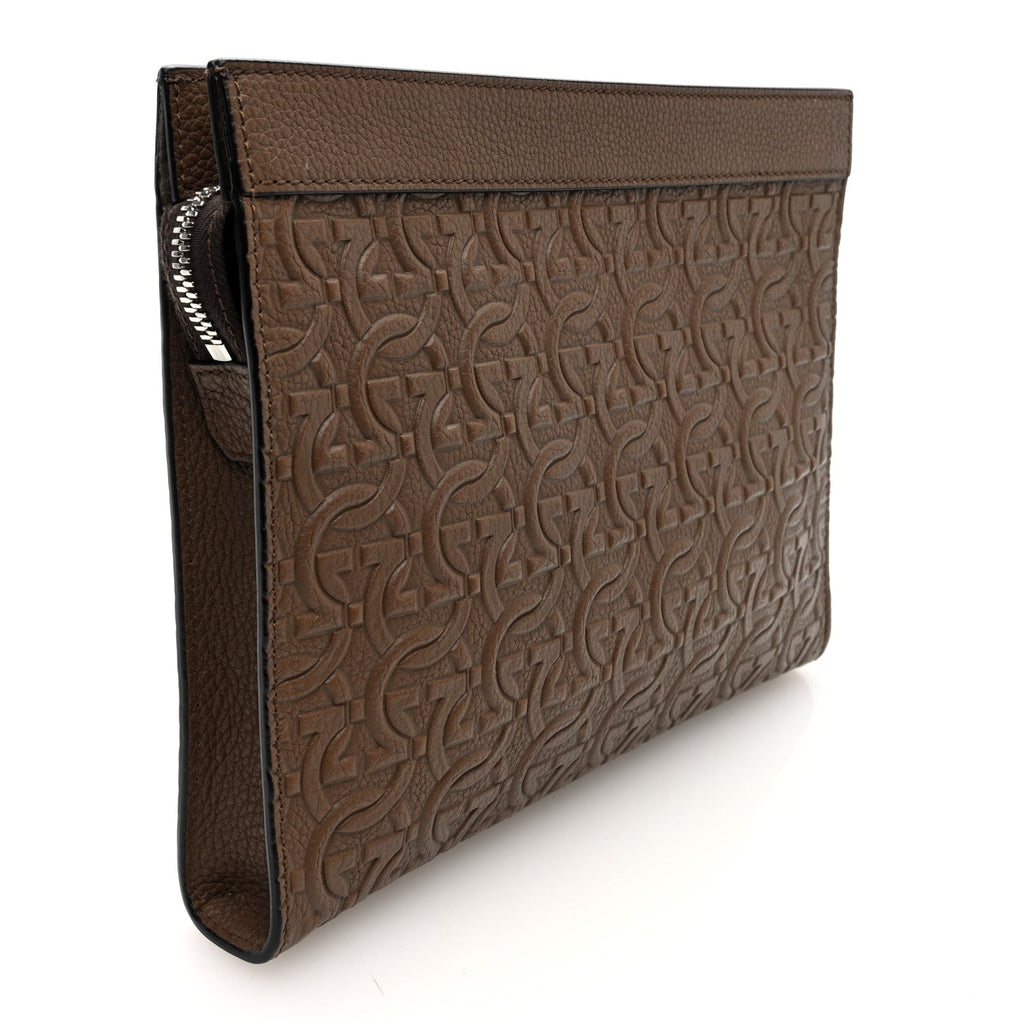 Calfskin Gancini Embossed Zip Pouch Taupe