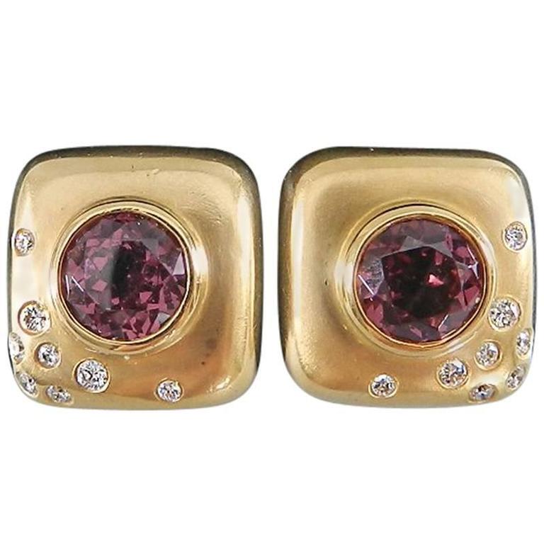 Angela Cummings Pink Tourmaline Diamond Brushed Gold Square Earrings