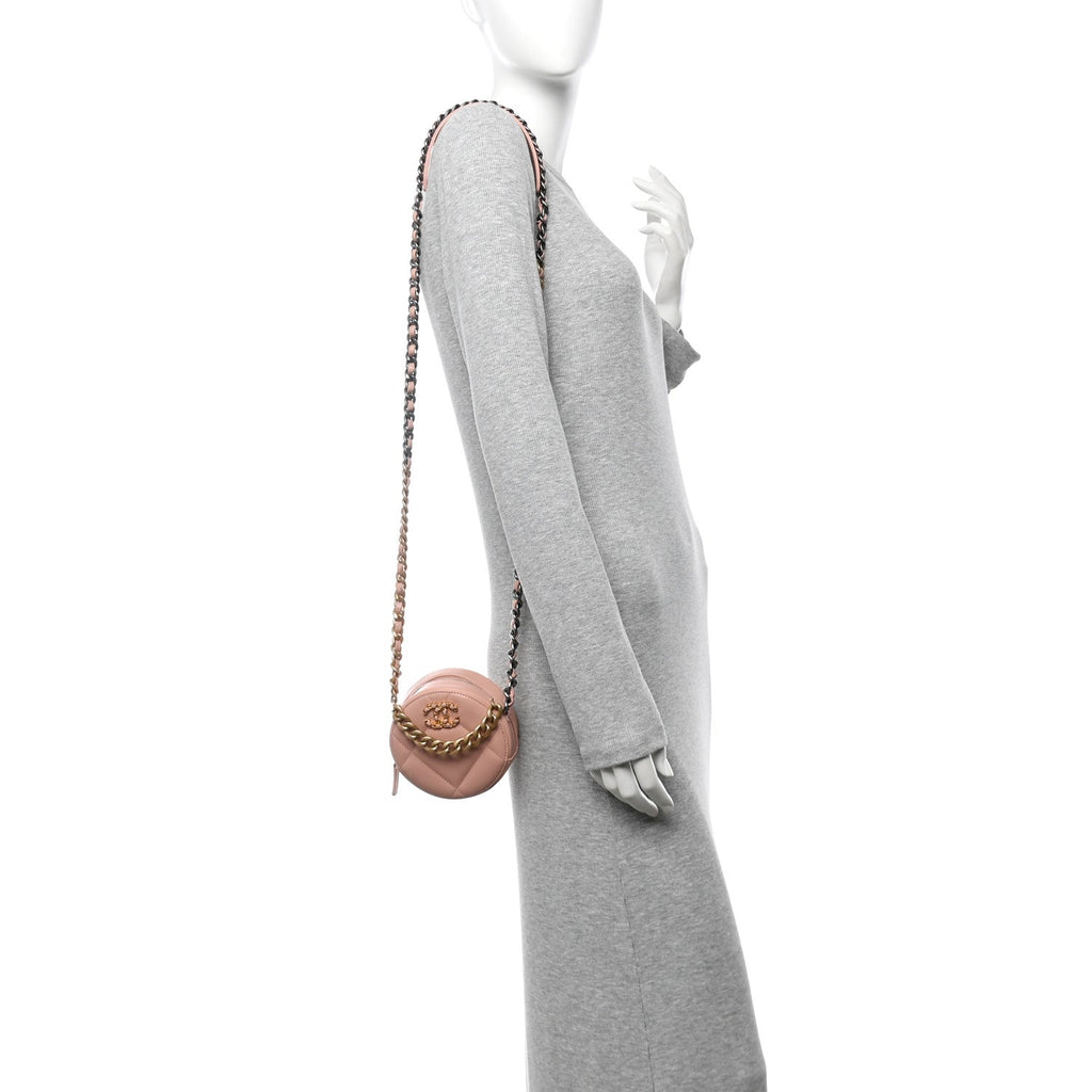 Lambskin Quilted Chanel 19 Round Clutch With Chain Light Pink