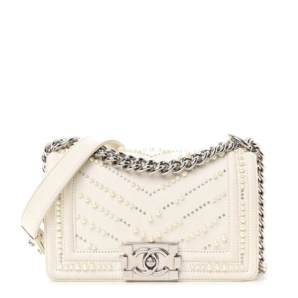 Calfskin Pearl Chevron Small Boy Flap White