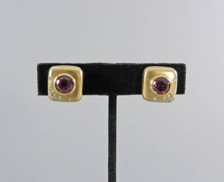 Angela Cummings Pink Tourmaline Diamond Brushed Gold Square Earrings