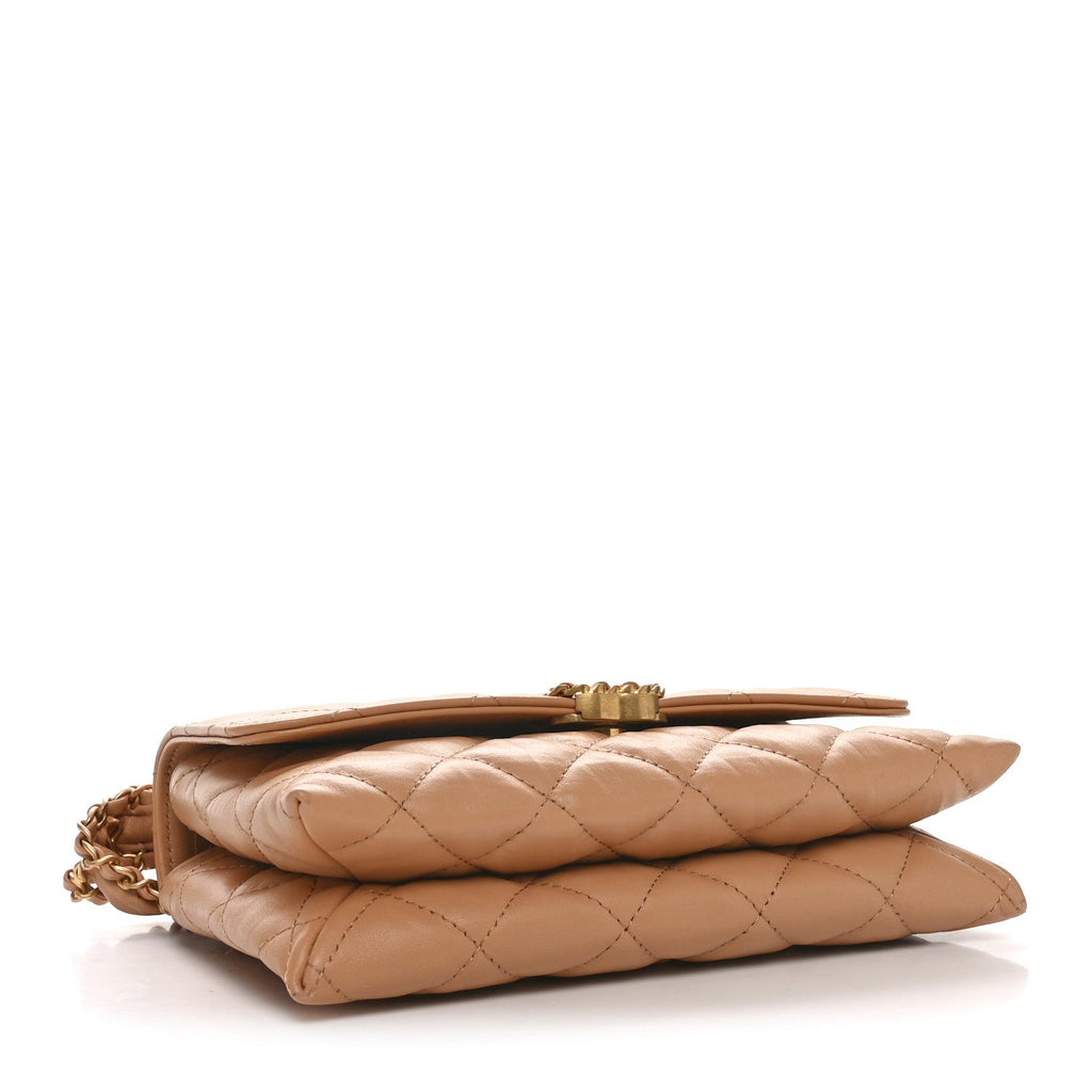 Crumpled Calfskin Quilted Coco First Flap Beige