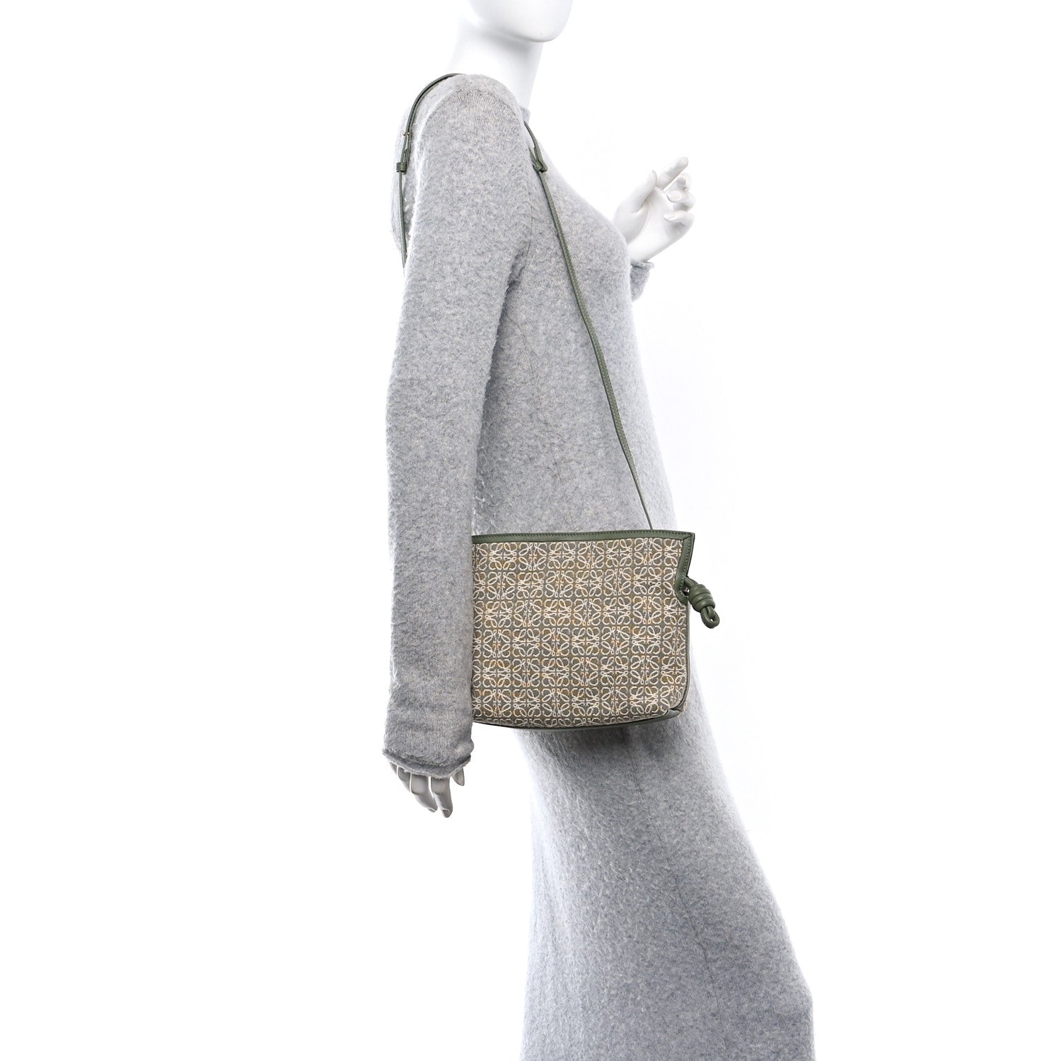 Jacquard Anagram Calfskin Mini Flamenco Knot Clutch Vintage Khaki