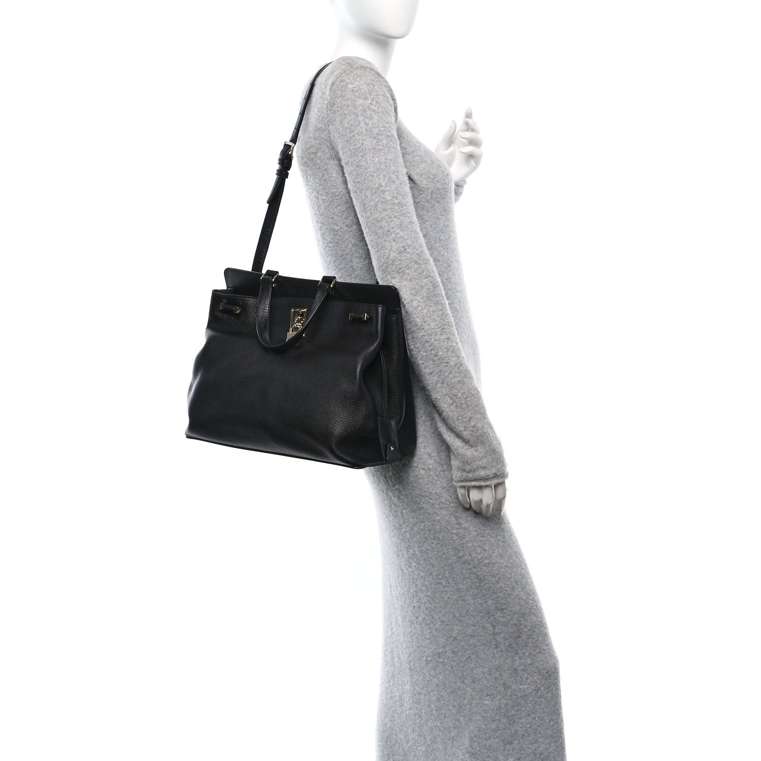 Pebbled Calfskin Large JoyLock Satchel Black