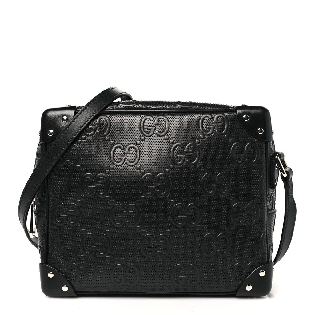 Calfskin GG Tennis Embossed Square Messenger Bag Black