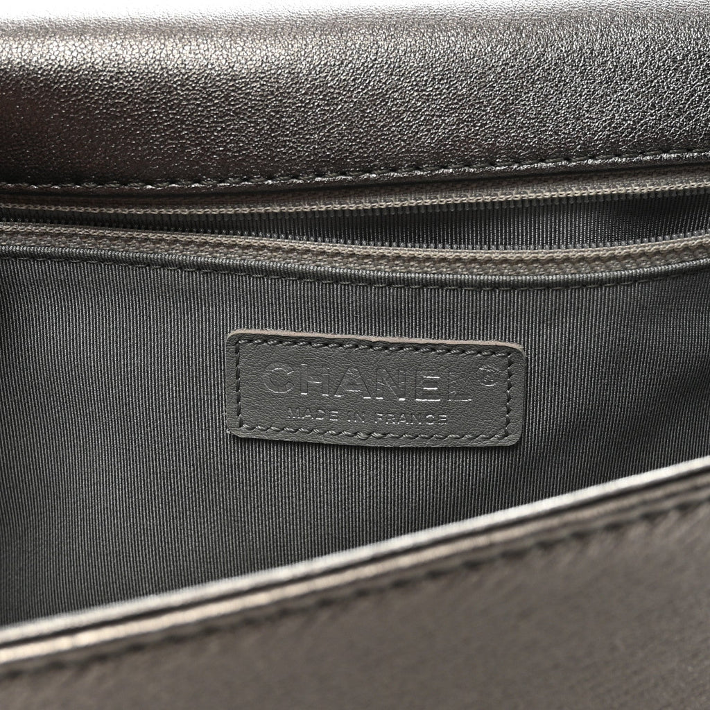 Metallic Lambskin Perforated New Medium Boy Flap Dark Silver