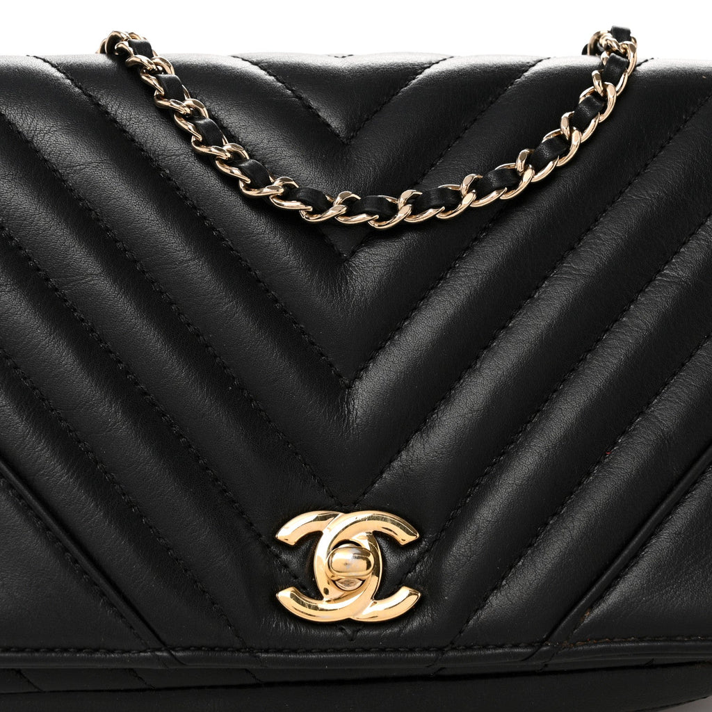 Calfskin Chevron Quilted Mini Statement Flap Black