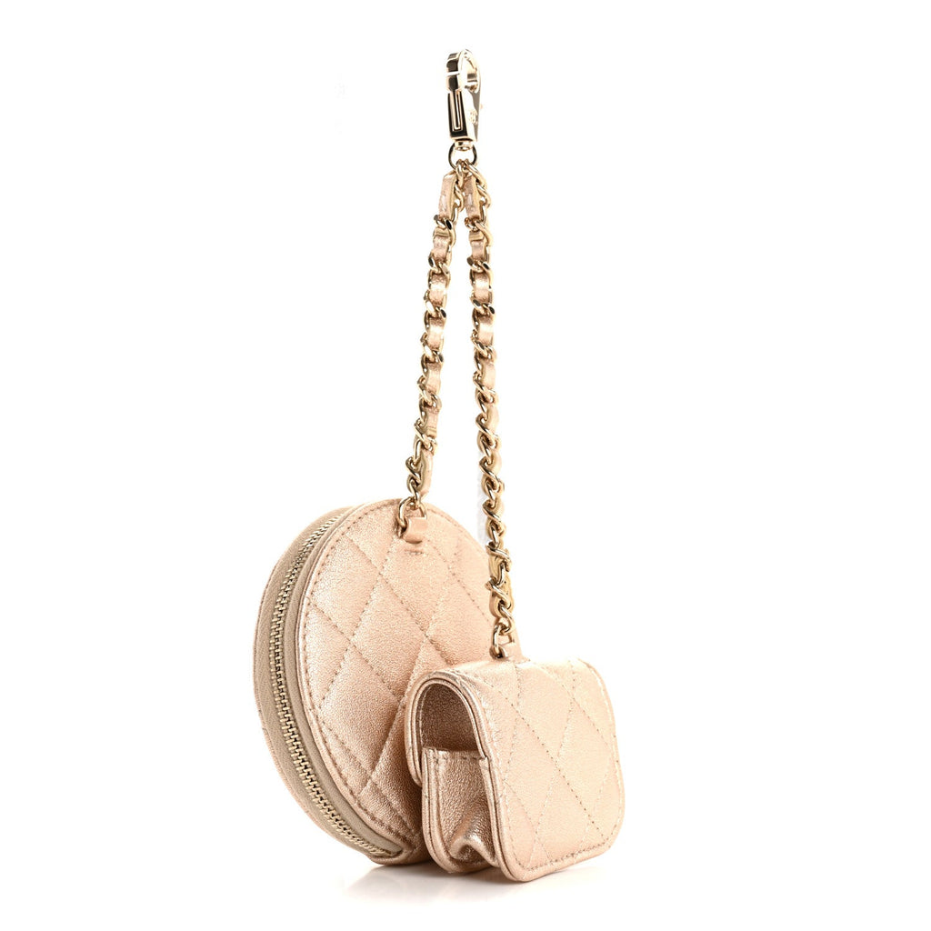 Metallic Lambskin Quilted Round Clip On Coin Purse Airpods Case Gold