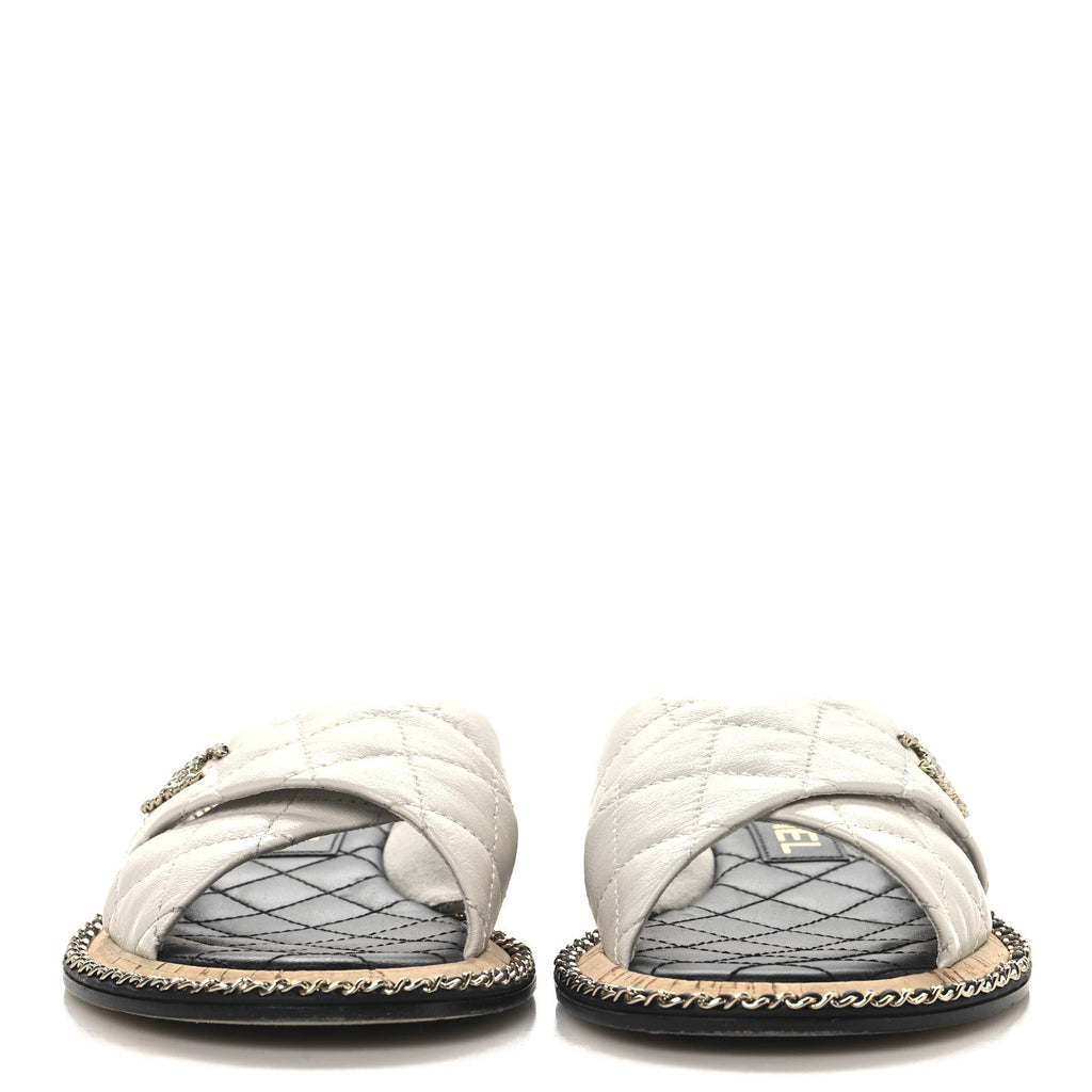 Shiny Lambskin Quilted  Metal Chain CC Sandals 36 White