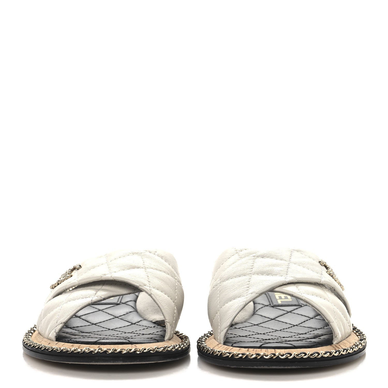Shiny Lambskin Quilted  Metal Chain CC Sandals 36 White