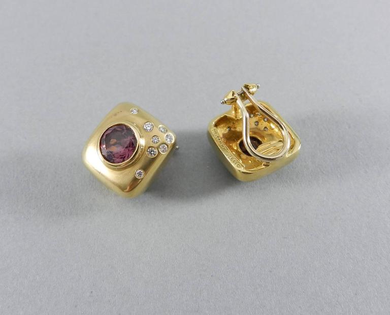 Angela Cummings Pink Tourmaline Diamond Brushed Gold Square Earrings