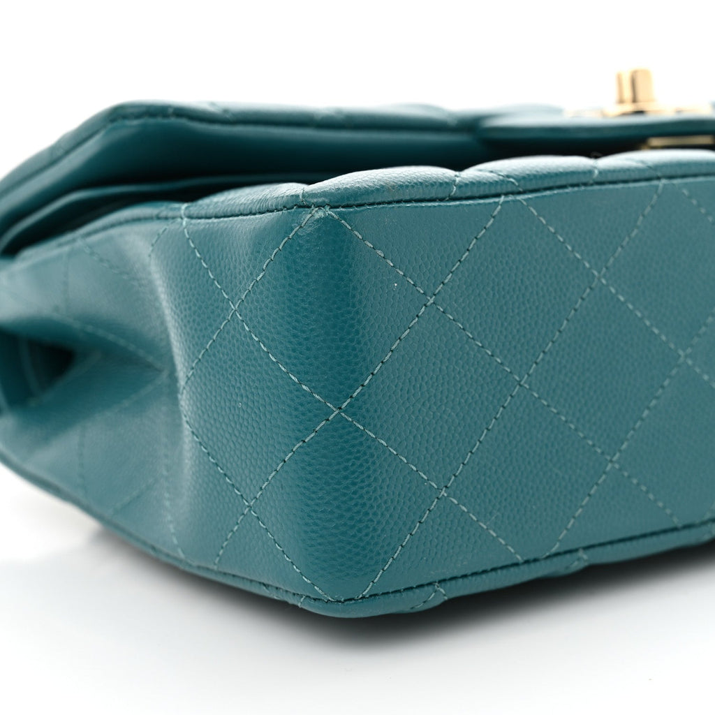 Caviar Quilted Small Double Flap Turquoise