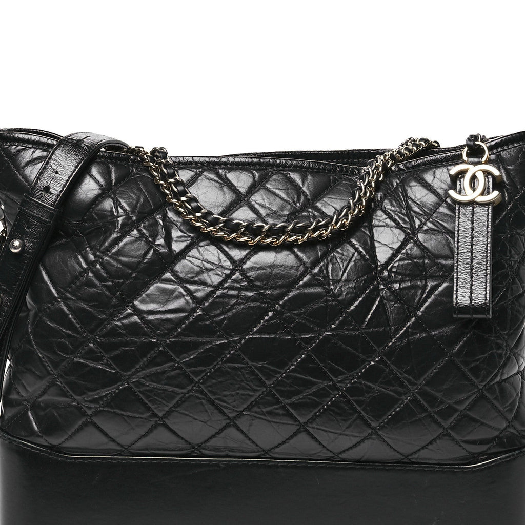 Aged Smooth Calfskin Quilted Large Gabrielle Logo Hobo Black