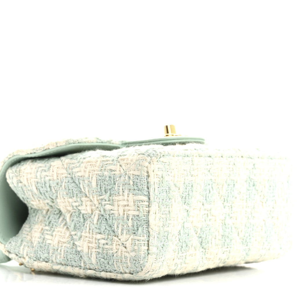 Tweed Handle Crush Top Handle Flap Bag Light Blue Ecru