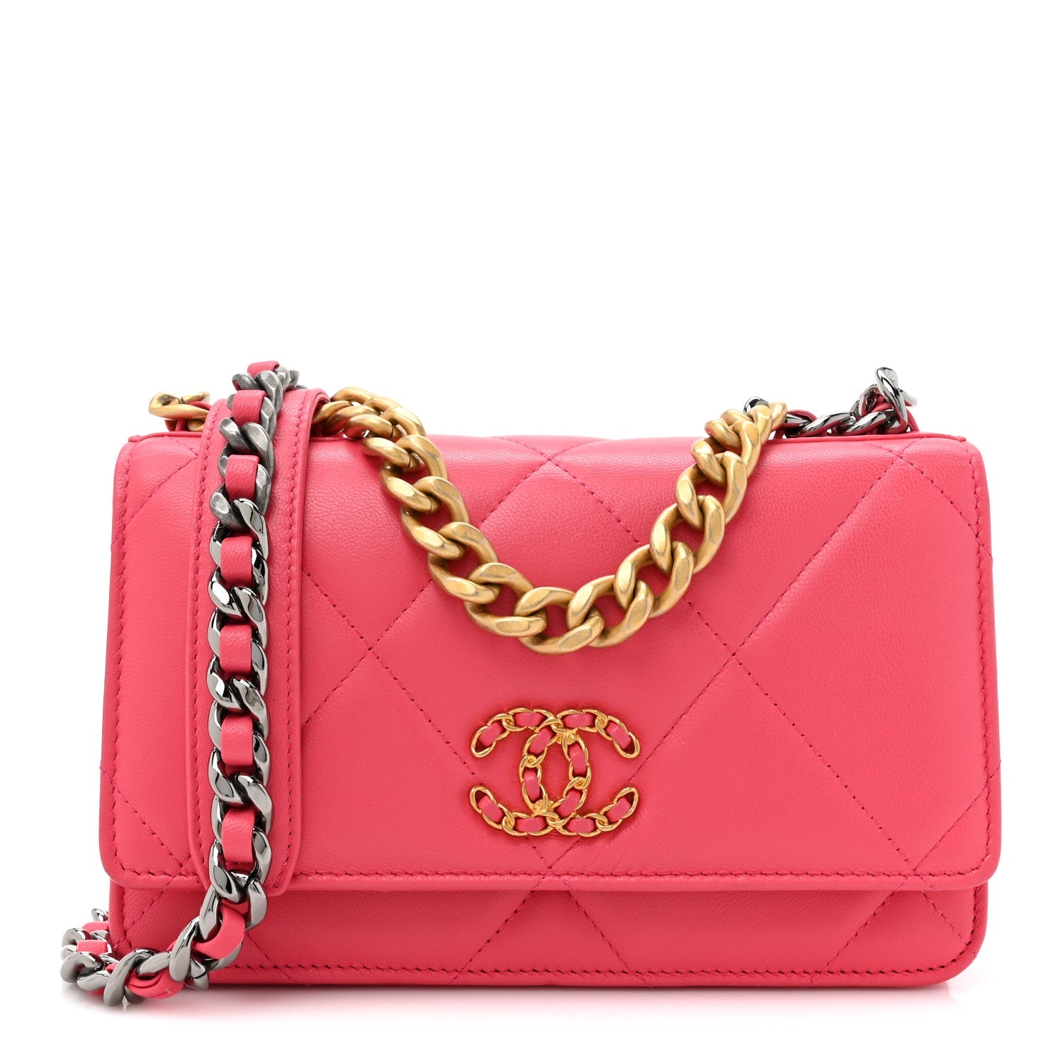 Lambskin Quilted Chanel 19 Wallet On Chain WOC Dark Pink