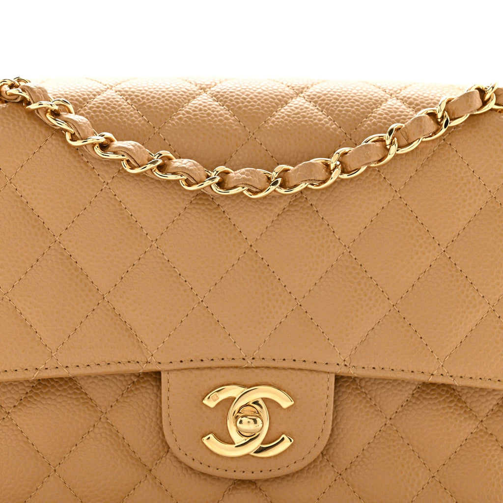Caviar Quilted Medium Double Flap Beige