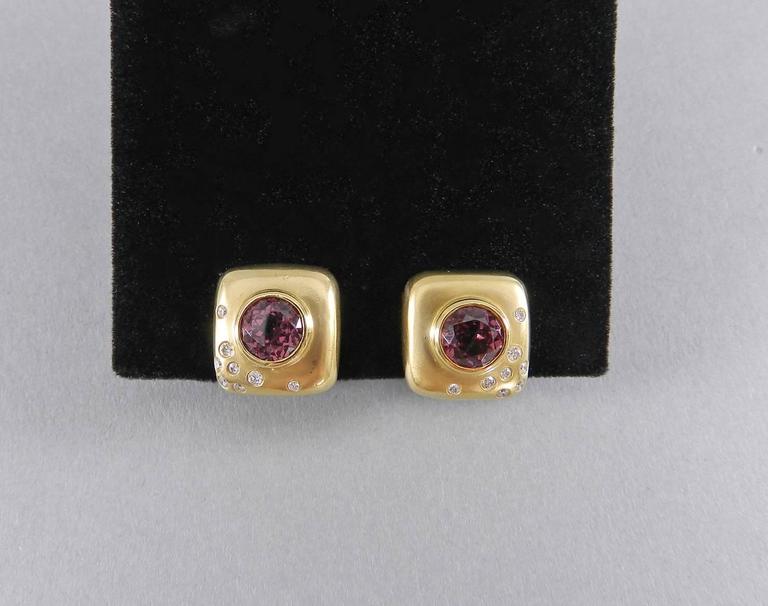 Angela Cummings Pink Tourmaline Diamond Brushed Gold Square Earrings