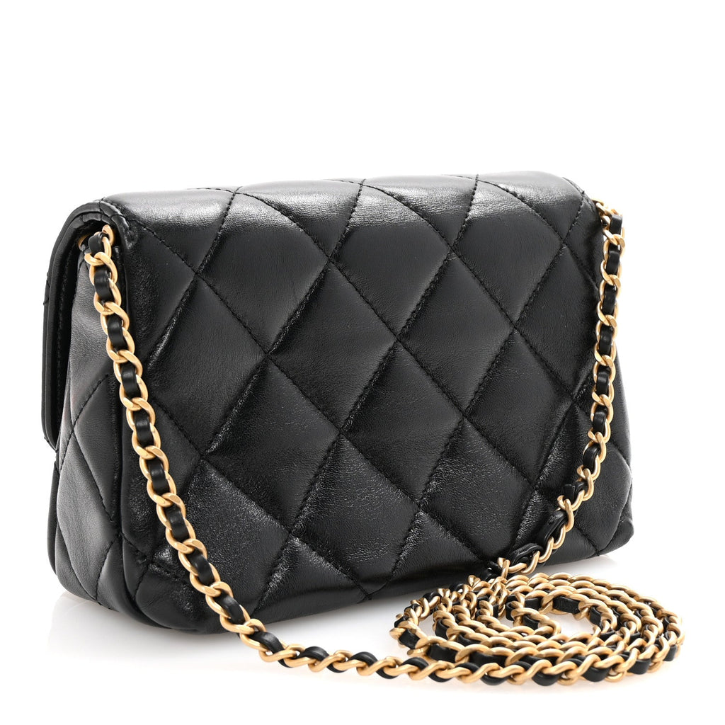 Shiny Lambskin Quilted Mini Pearl Logo Flap Black