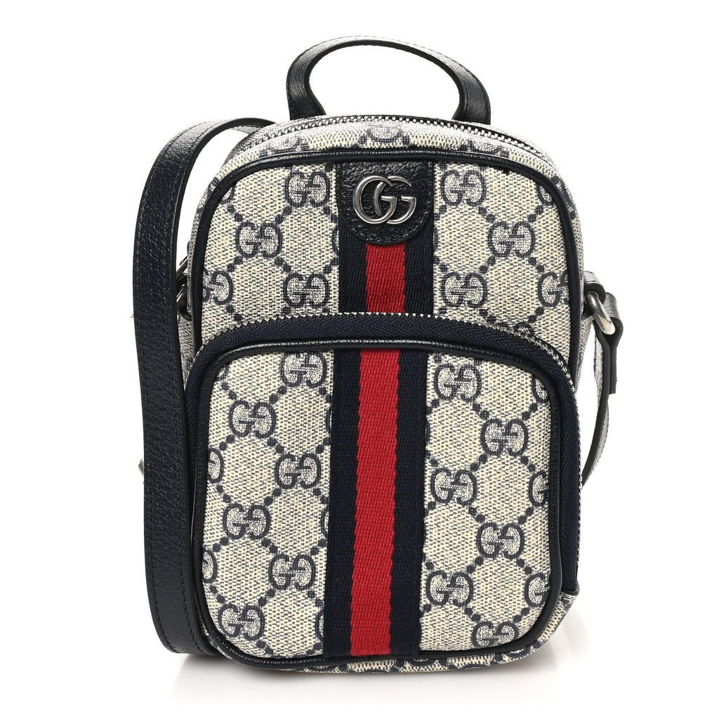 GG Supreme Monogram Textured Dollar Calfskin Web Mini Ophidia Double Zip Messenger Bag Beige Blue