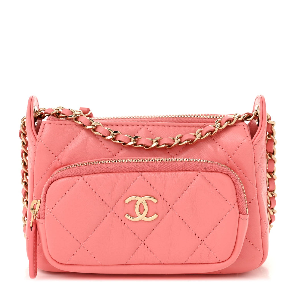 Shiny Crumpled Lambskin Quilted Mini Clutch With Chain  Pink