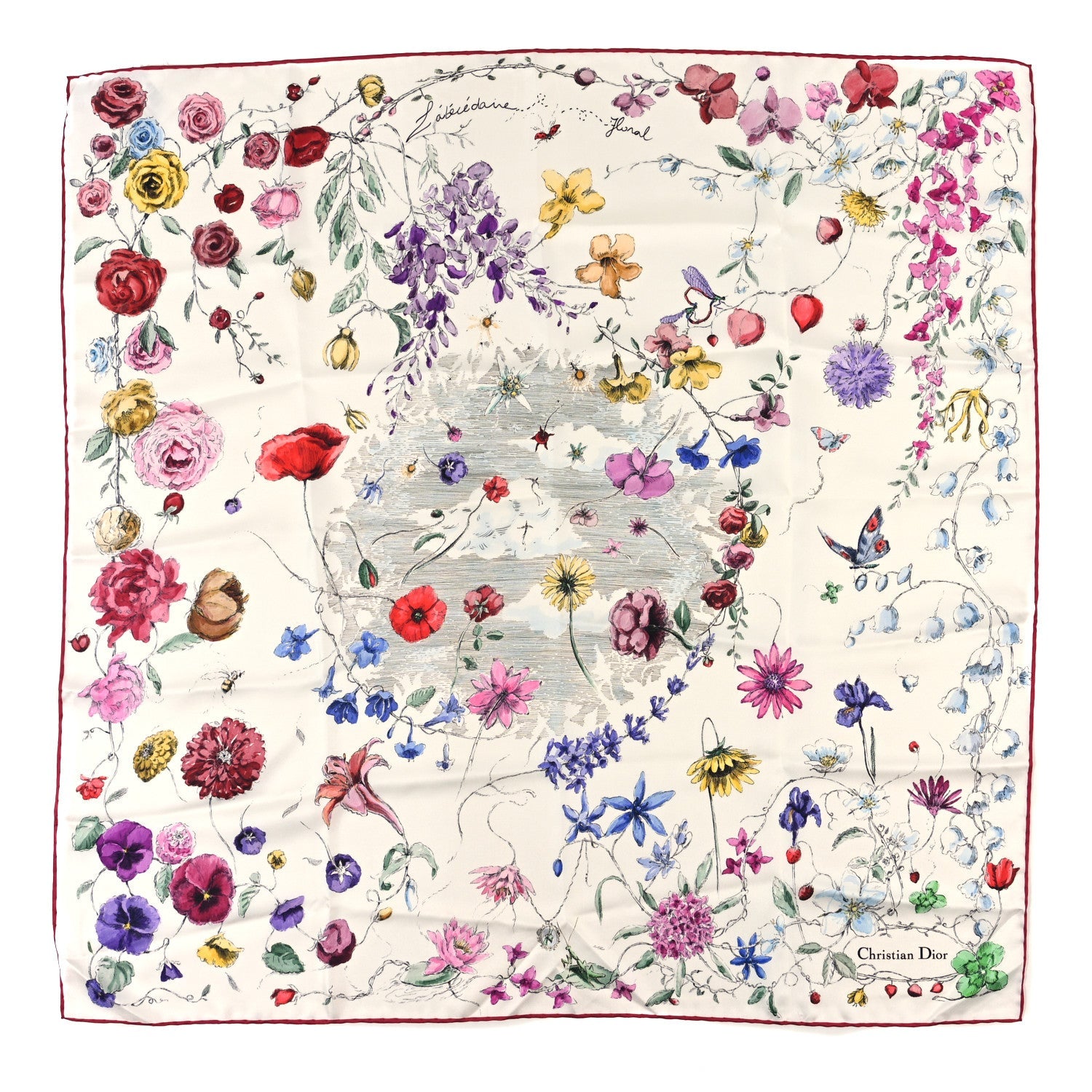Silk Florilegio 90 Square Scarf Red