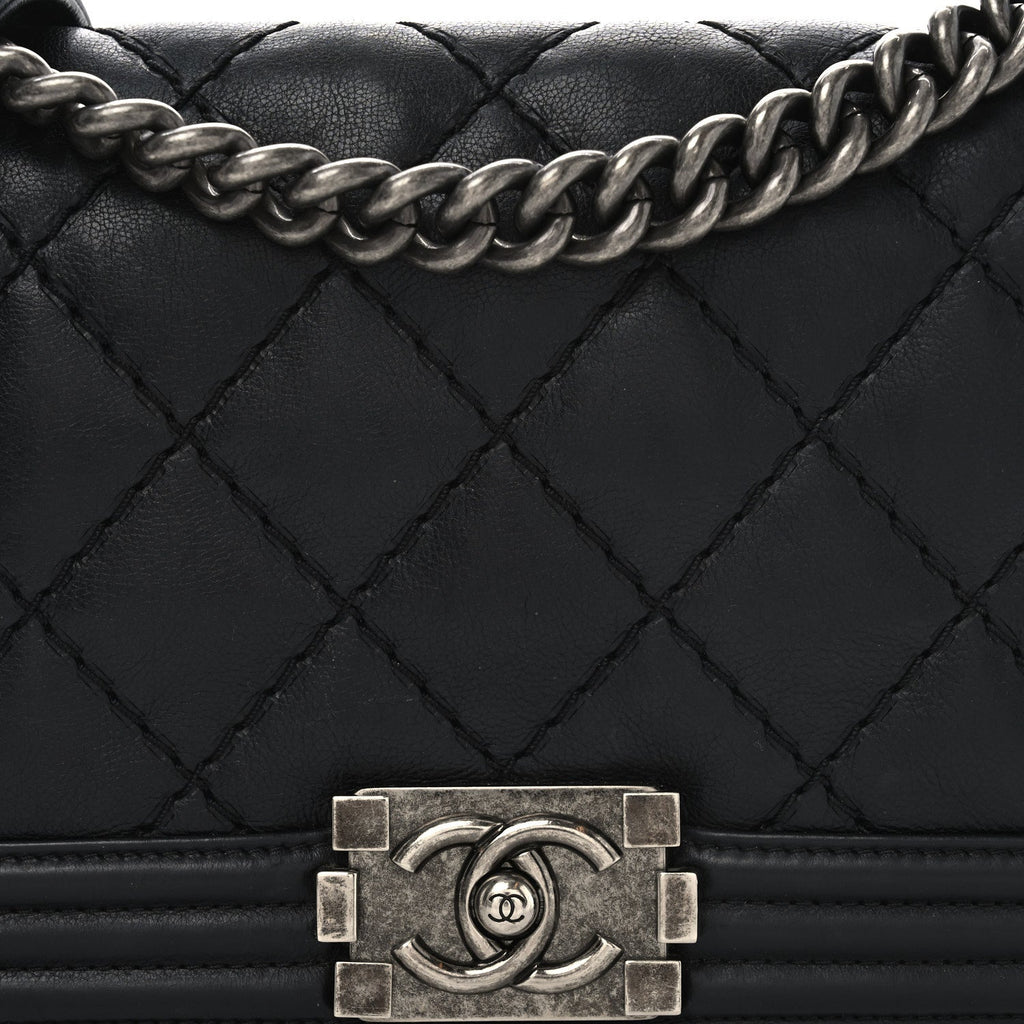 Calfskin Quilted Small Boy Flap Black