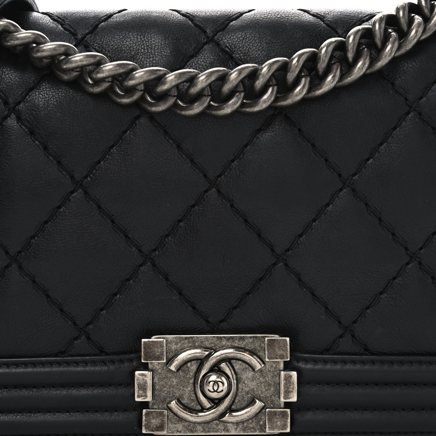 Calfskin Quilted Small Boy Flap Black
