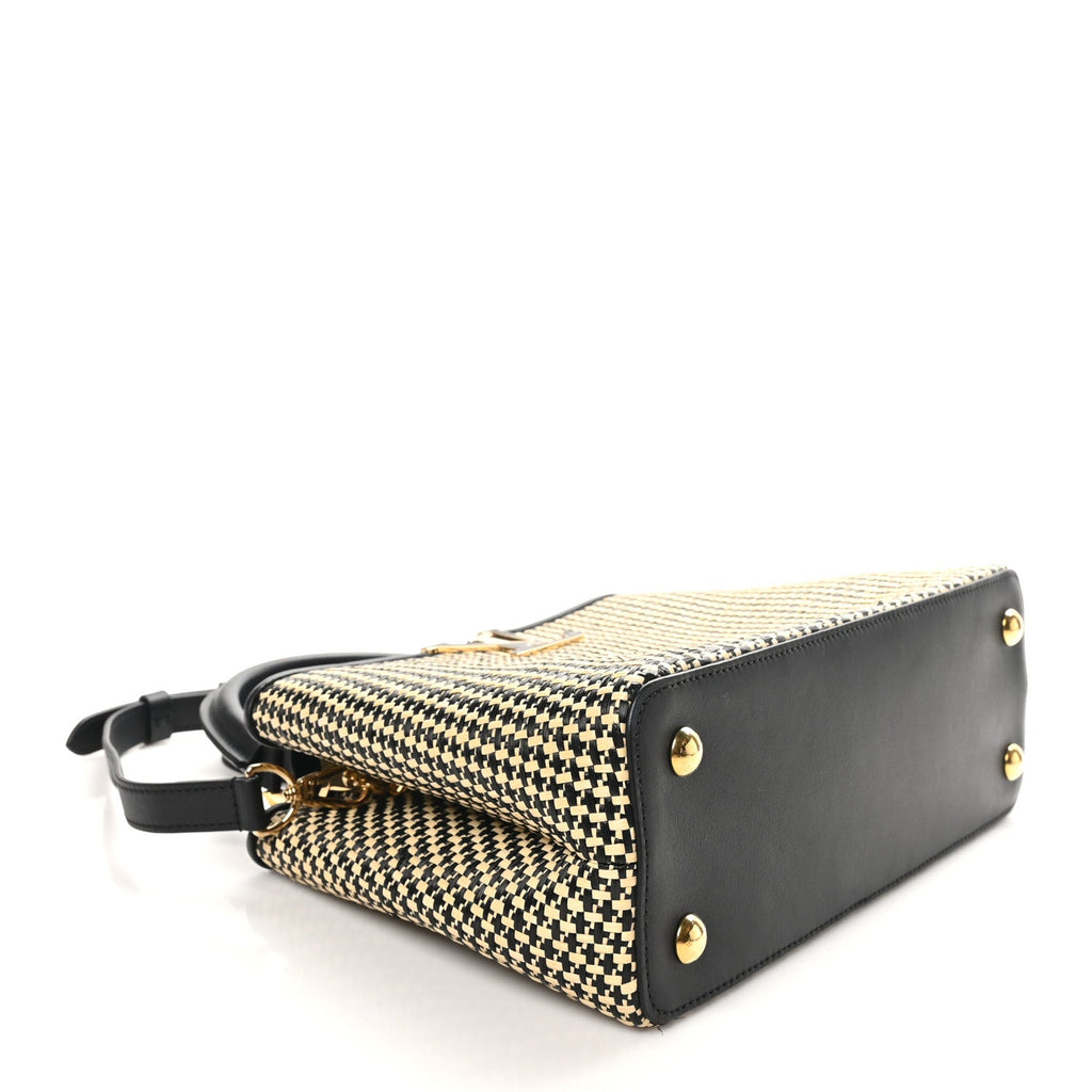 Raffia Calfskin Capucines MM Black Ecru
