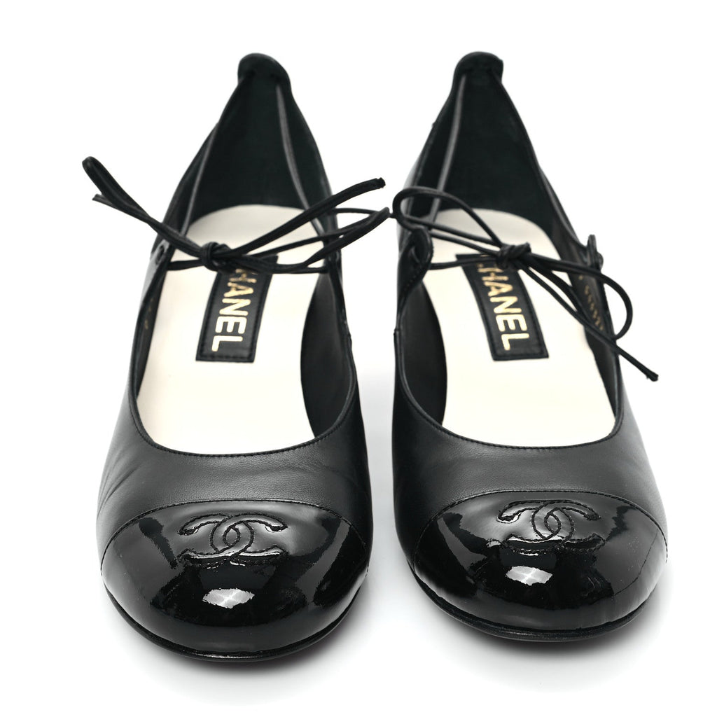 Lambskin Patent Cap Toe CC Mary Jane Pumps 38 Black