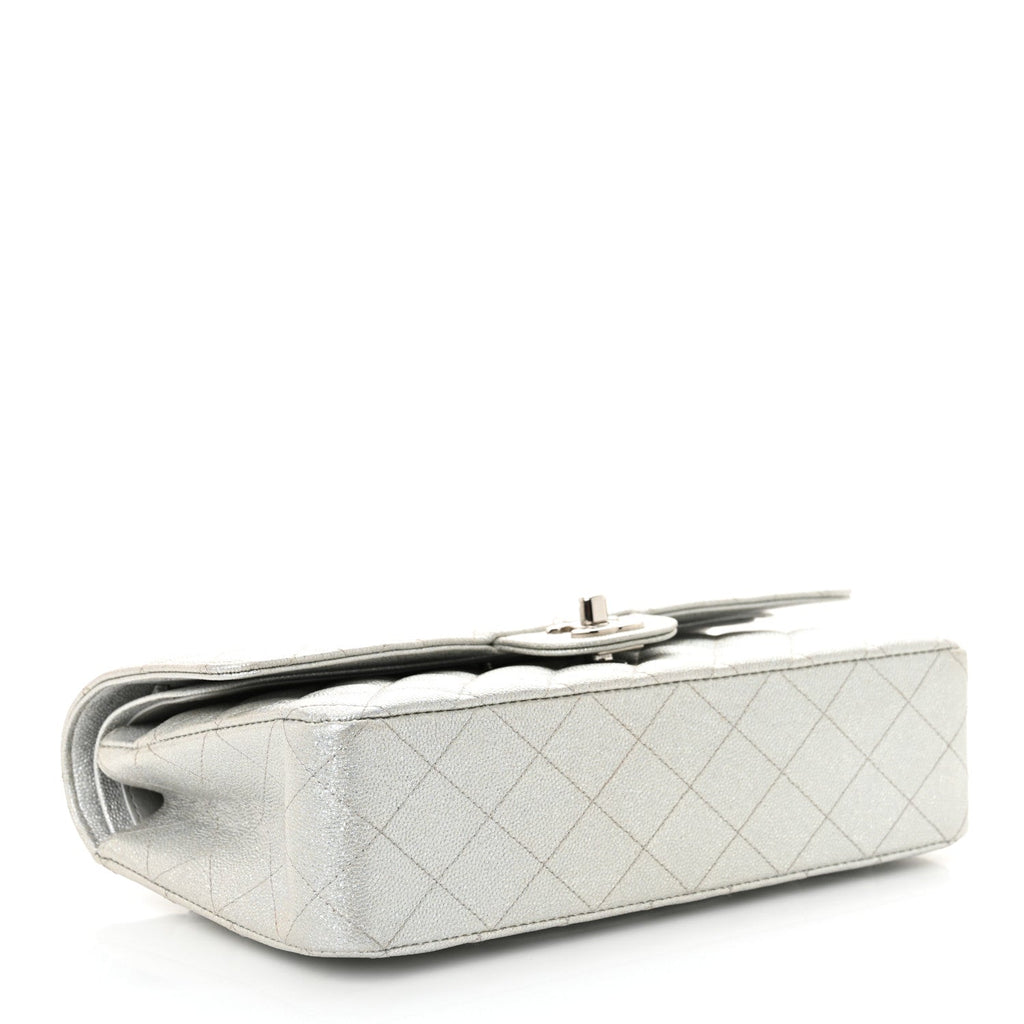 Glittered Metallic Caviar Quilted Medium Double Flap Silver