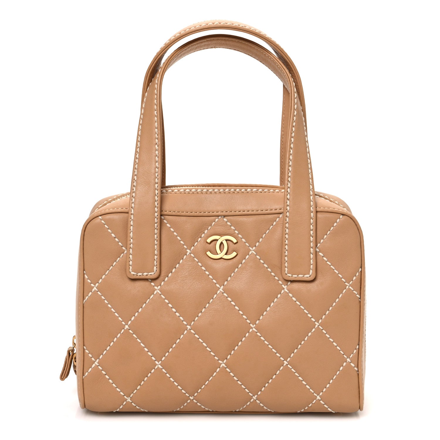 Calfskin Wild Stitch Small Vertical Top Handle Bag Beige