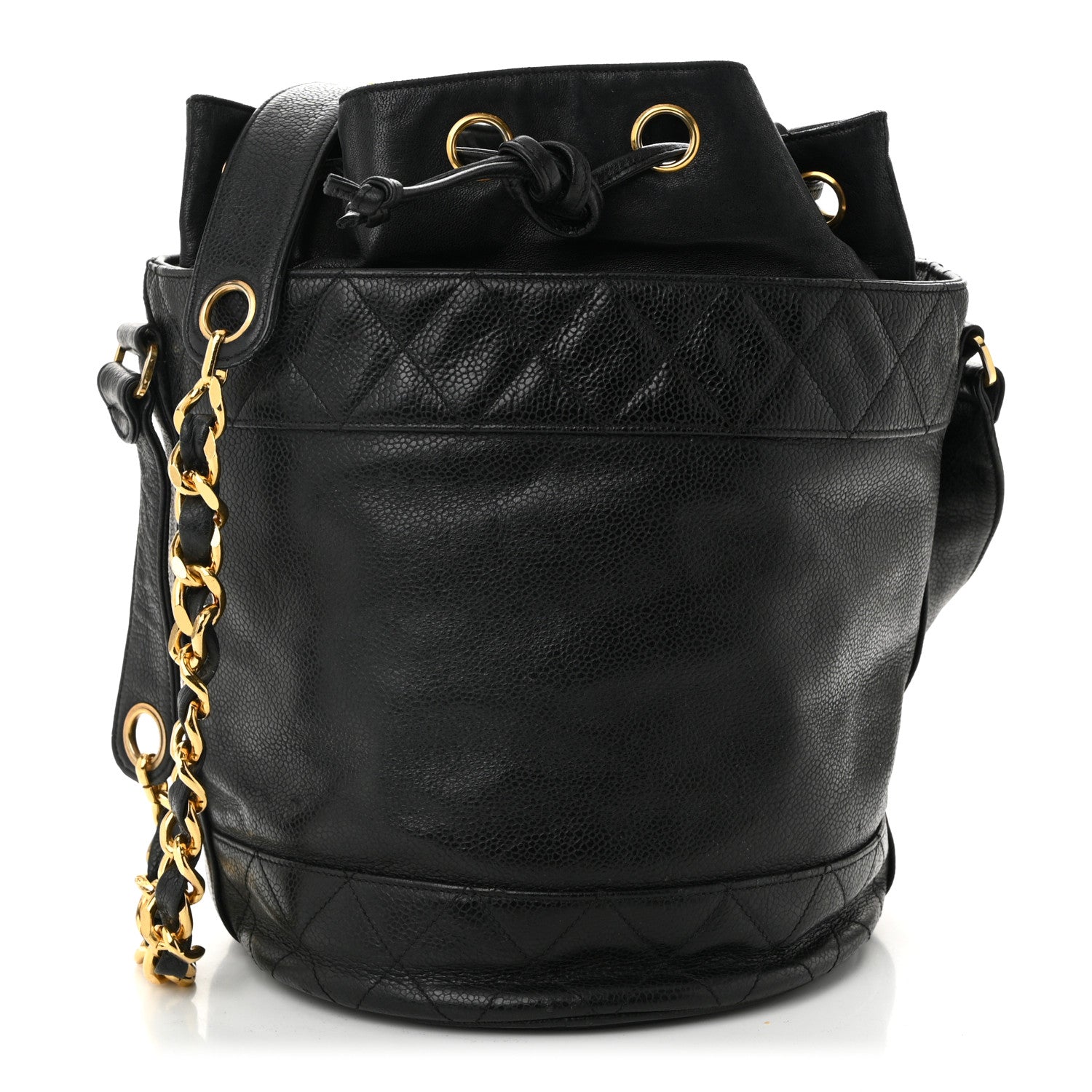 Caviar Drawstring Bucket Shoulder Bag Black