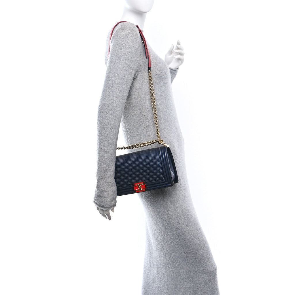 Lambskin Embossed Medium Boy Cube Flap Navy