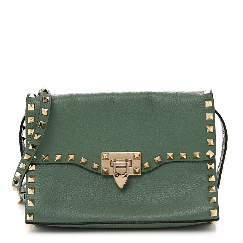 Pebbled Calfskin Medium Rockstud Flip Lock Crossbody Bag Light Green