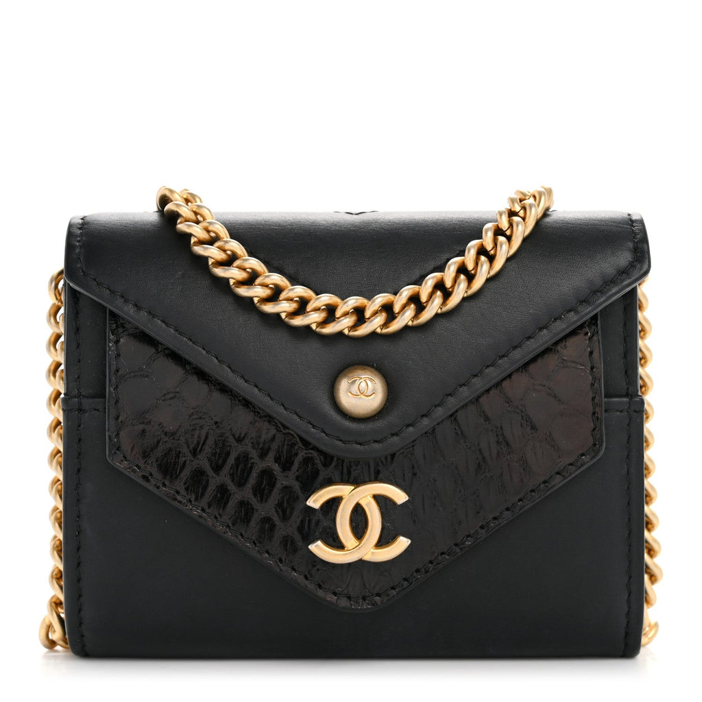 Snakeskin Calfskin Embossed Chevron Quilted CC Chain Wallet Black