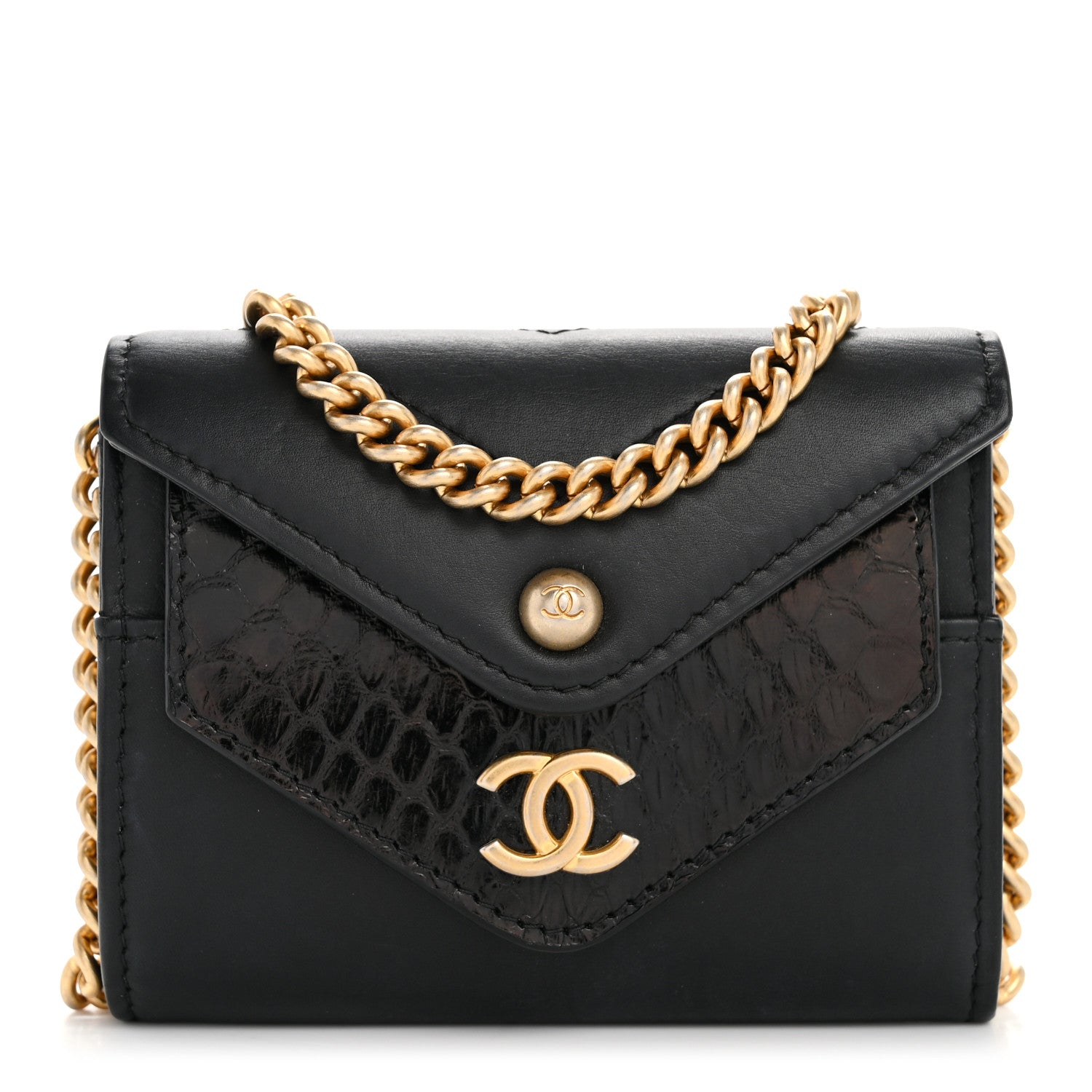 Snakeskin Calfskin Embossed Chevron Quilted CC Chain Wallet Black