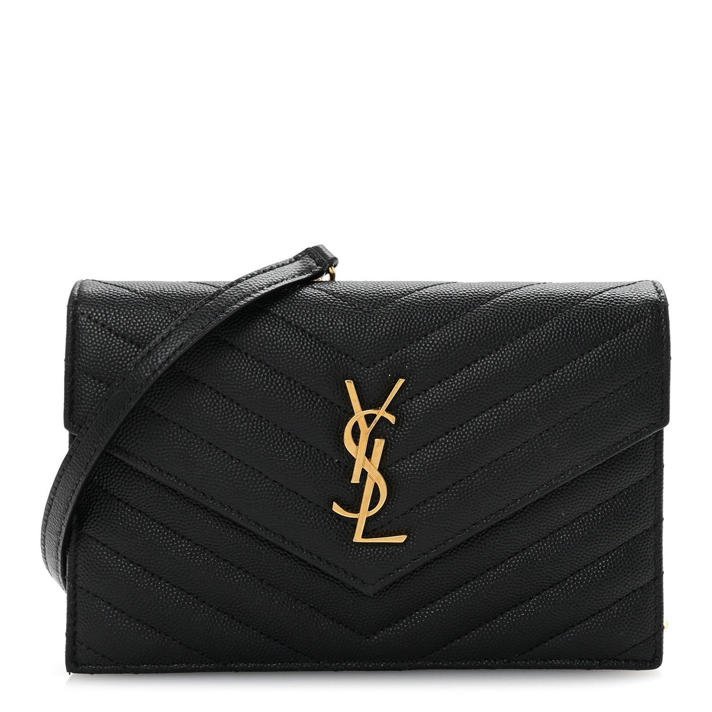 Grain De Poudre Matelasse Chevron Monogram Envelope Chain Wallet Black