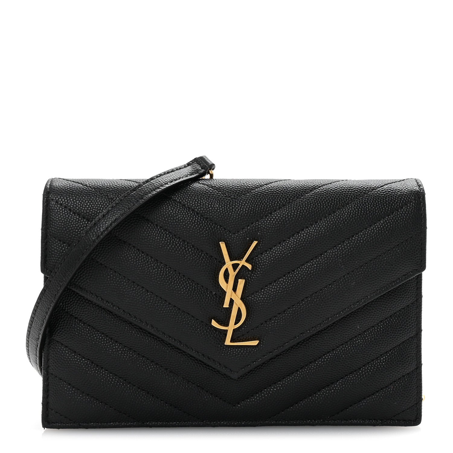 Grain De Poudre Matelasse Chevron Monogram Envelope Chain Wallet Black