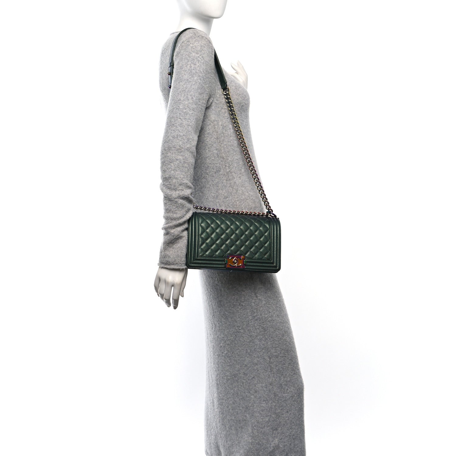 Iridescent Goatskin Quilted Medium Boy Flap Green