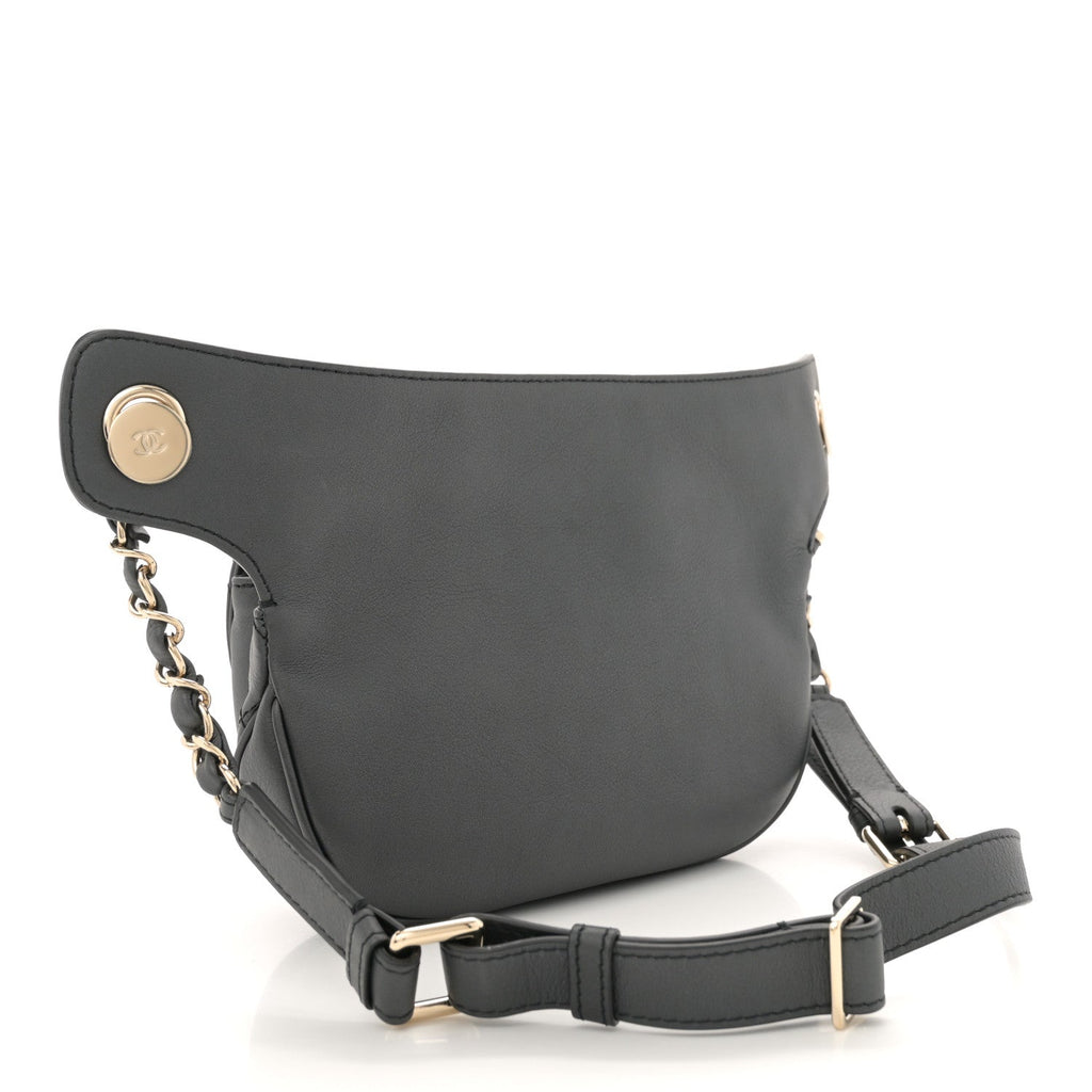 Metallic Calfskin Flap Chain Waist Bag Ruthenium
