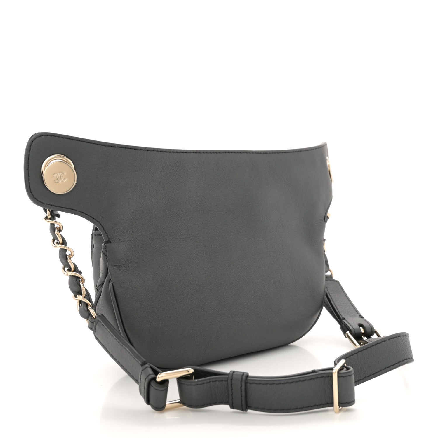 Metallic Calfskin Flap Chain Waist Bag Ruthenium