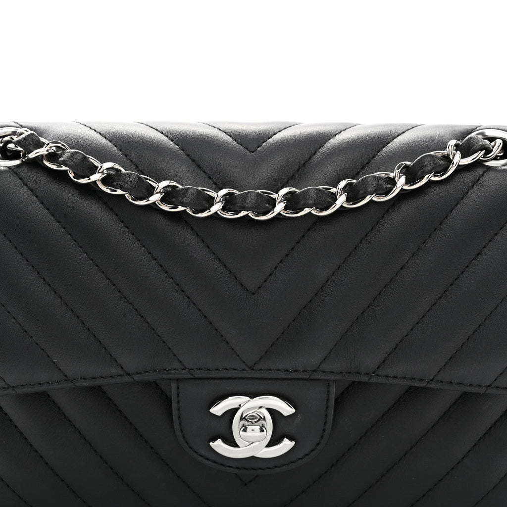 Calfskin Chevron Quilted Small Double Flap Black