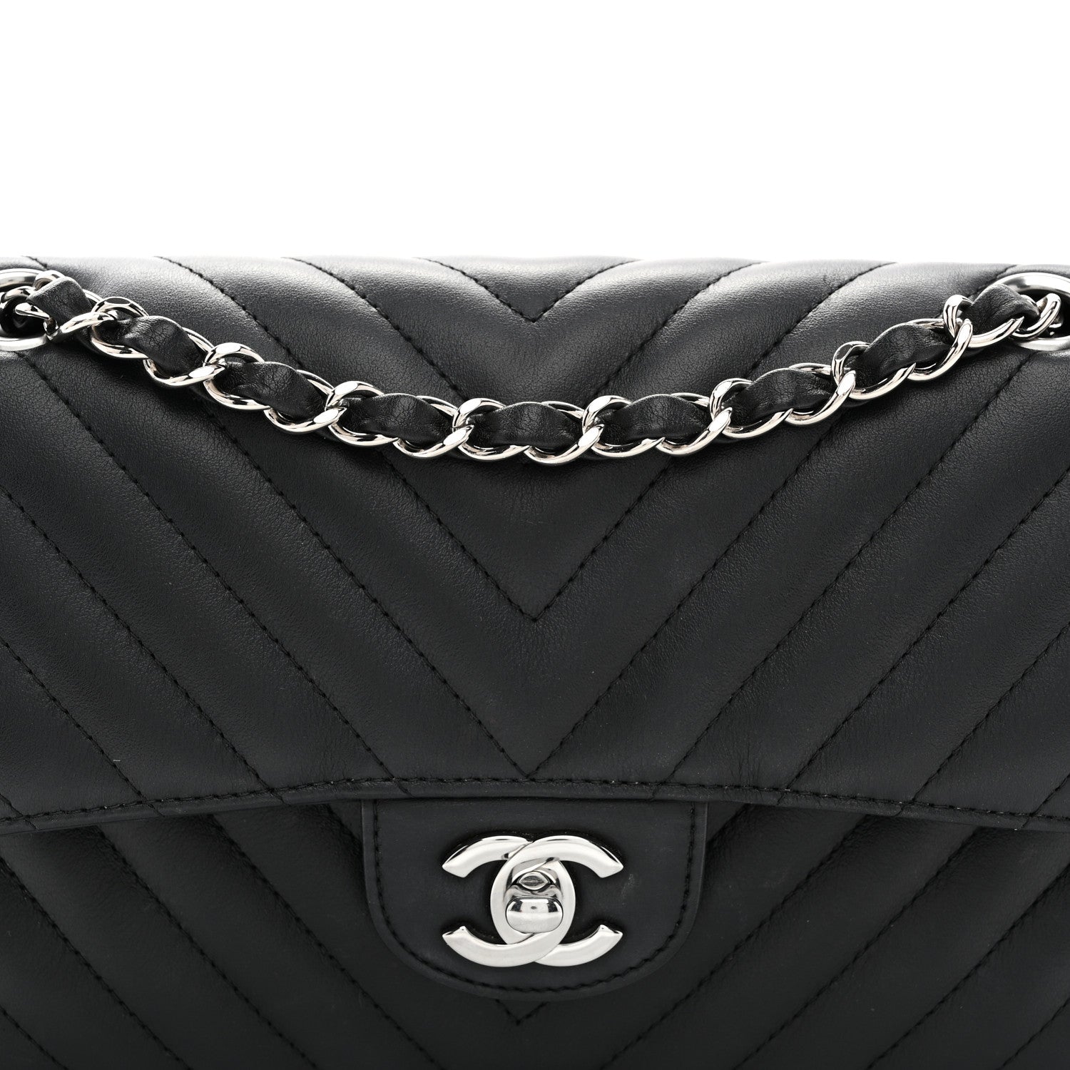 Calfskin Chevron Quilted Small Double Flap Black