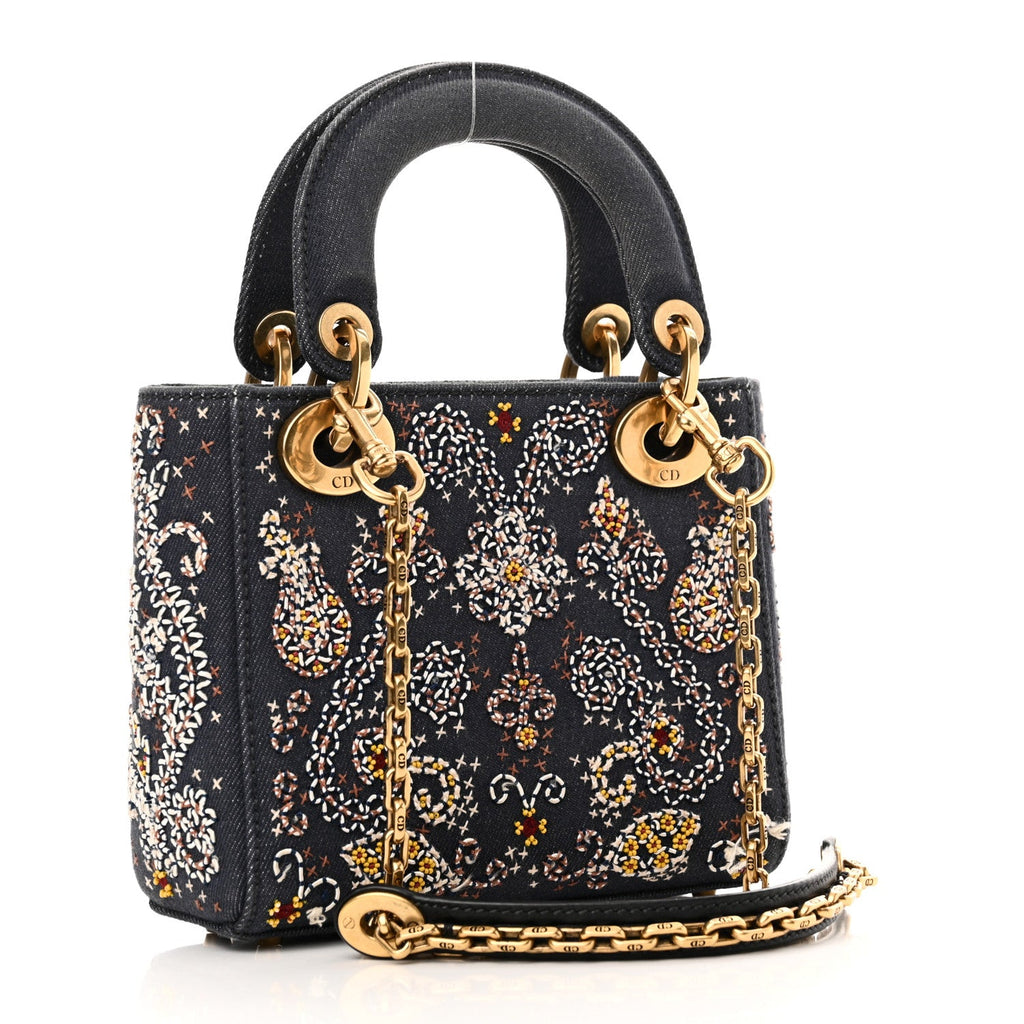Denim Embroidered Beaded Mini Lady Dior Blue Multicolor