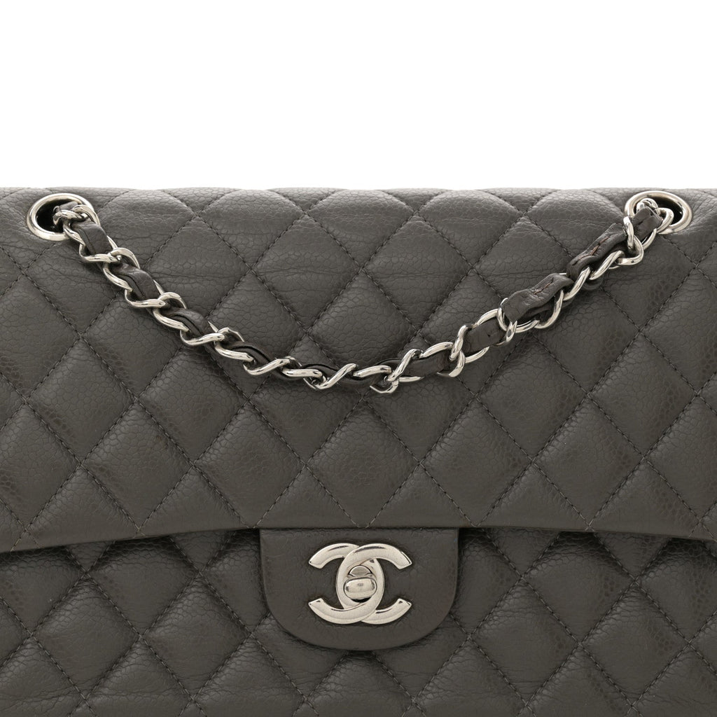 Caviar Quilted Medium Double Flap Dark Grey
