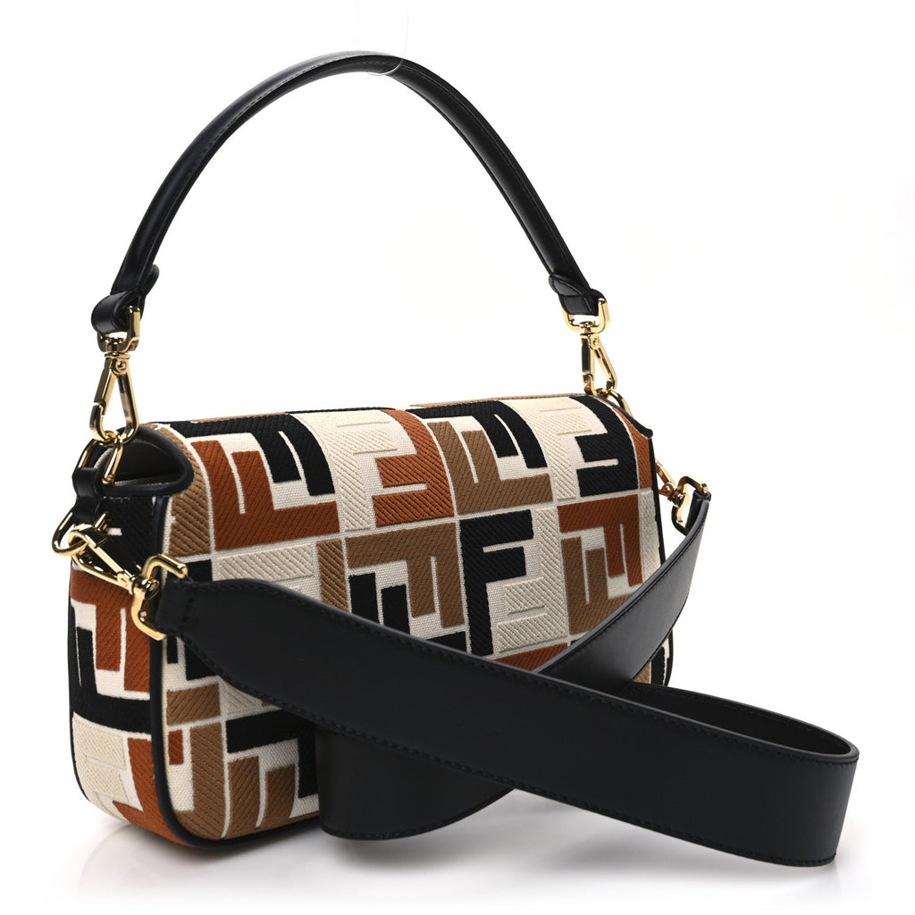 Canvas Vitello Seta FF Multicolor Embroidered Baguette Brandy Black