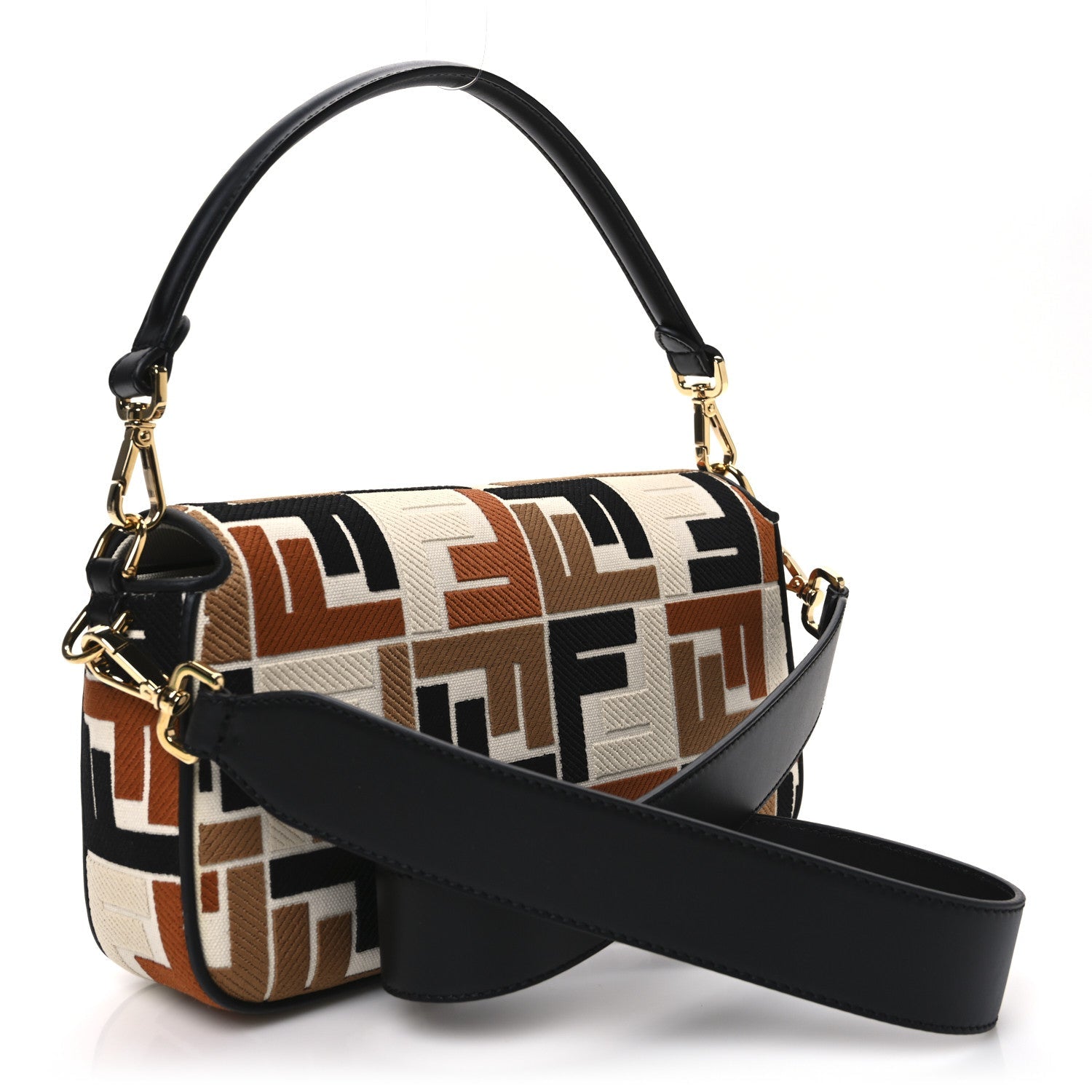 Canvas Vitello Seta FF Multicolor Embroidered Baguette Brandy Black