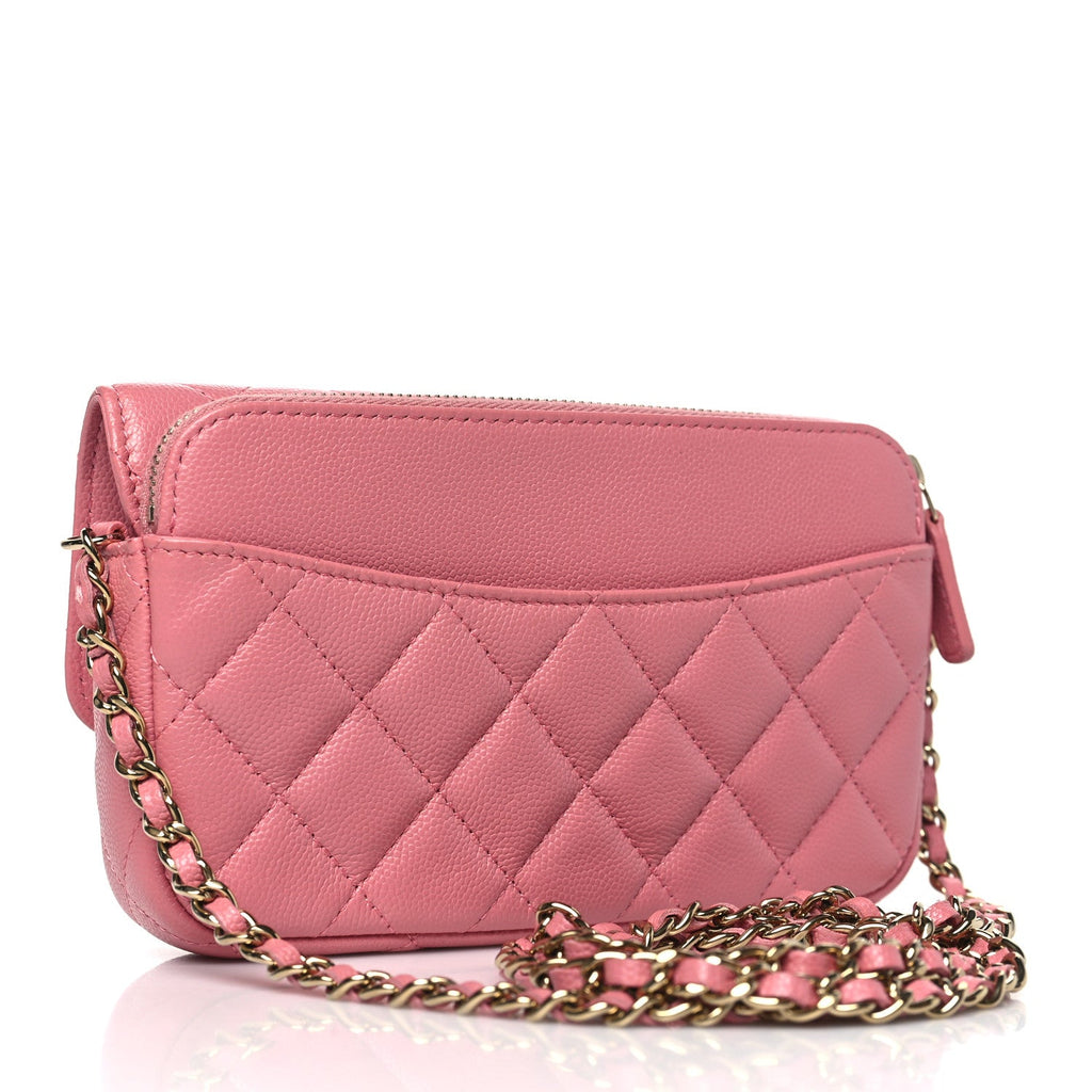 Caviar Quilted Flap Phone Holder With Chain Pink