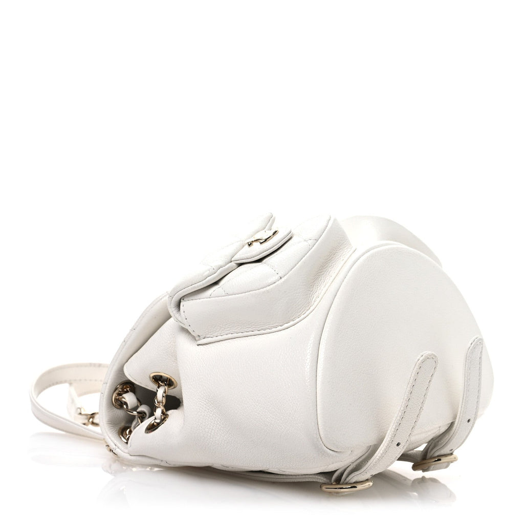 Shiny Caviar Quilted Small Duma Pockets Drawstring Backpack White