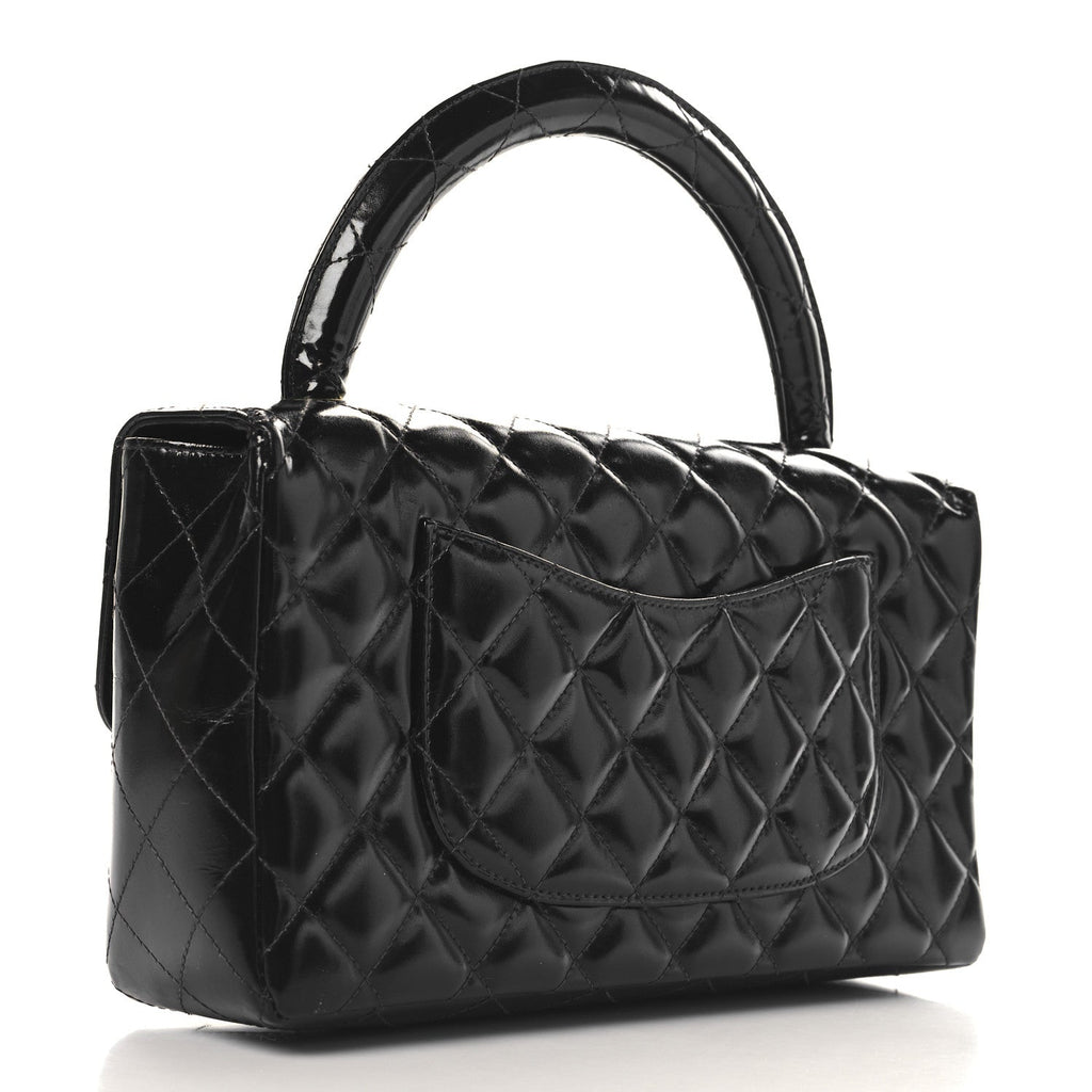Patent Quilted Medium Rectangular Kelly Flap Bag Black